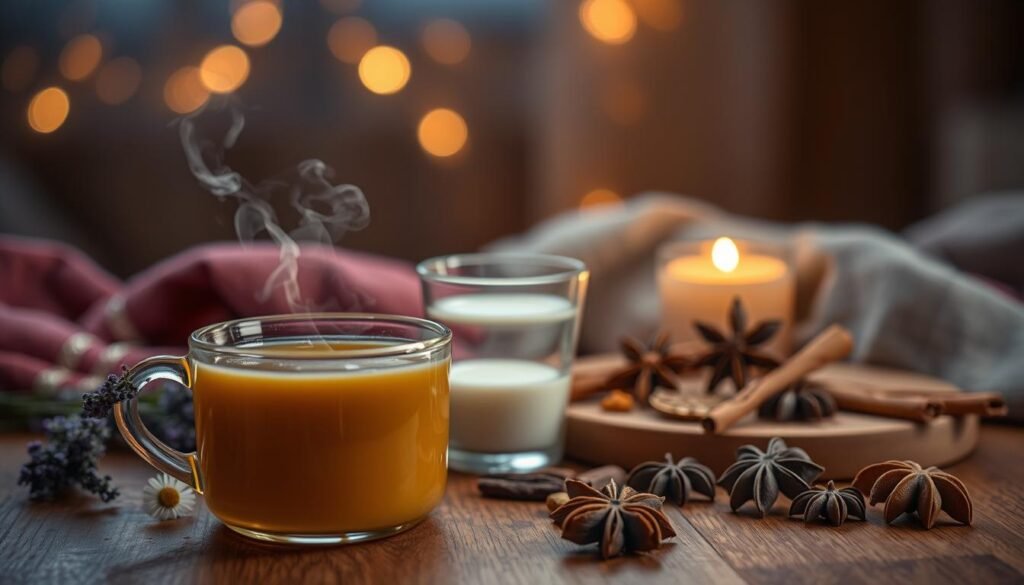 A cozy nighttime scene featuring a soothing, sleep-inducing beverage arrangement. In the foreground, a warm mug of chamomile tea sits on a wooden table, steam rising gently. Beside it, a small glass of warm milk and a sprig of lavender. In the middle ground, a collection of whole spices - cinnamon sticks, cardamom pods, and star anise - arranged in a thoughtful display. The background is softly lit, with a hazy, out-of-focus effect, creating a serene, calming atmosphere. The overall mood is one of tranquility and relaxation, inviting the viewer to wind down and prepare for a restful night's sleep.