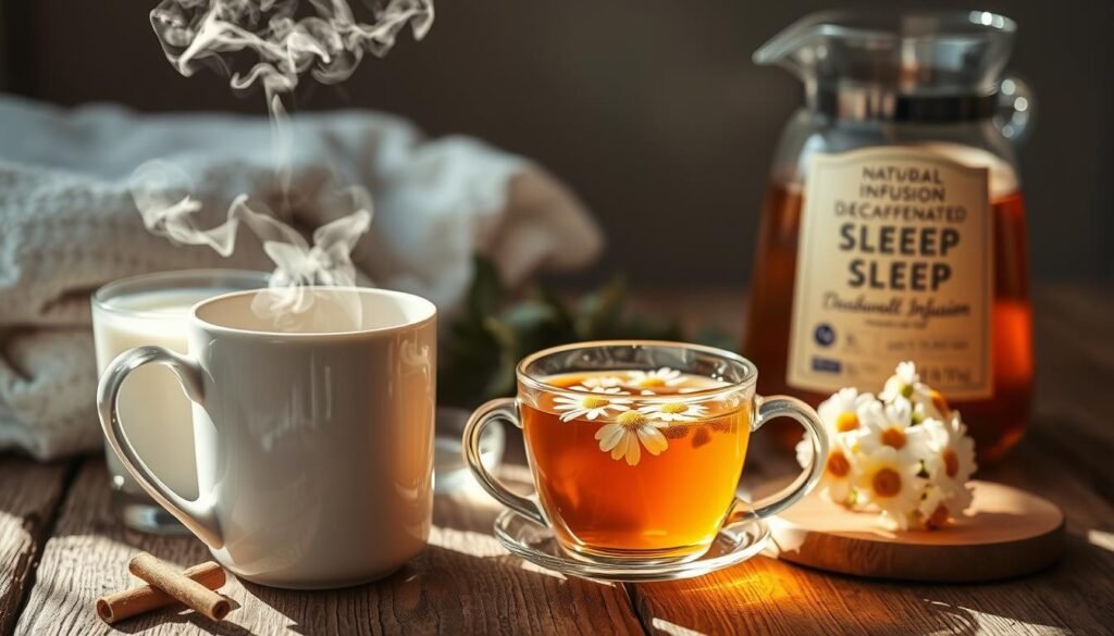 A still life composition featuring a selection of natural sleep-promoting beverages on a rustic wooden table. In the foreground, a steaming mug of herbal tea, its fragrant steam curling upwards. Alongside it, a glass of warm milk with a sprinkle of cinnamon. In the middle ground, a soothing cup of chamomile tea, its delicate flowers floating atop the amber liquid. In the background, a carafe of decaffeinated herbal infusion, its label highlighting its sleep-inducing properties. Soft, natural lighting illuminates the scene, creating a calming, inviting atmosphere. The overall mood evokes tranquility and relaxation, perfectly suited to illustrate the section on effective natural drinks for a good night's sleep.