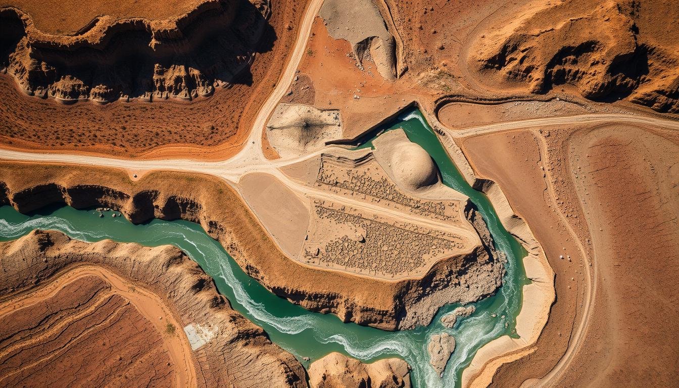 Aerial view of water scarcity in the Middle East showing dried river beds and agricultural lands affected by drought