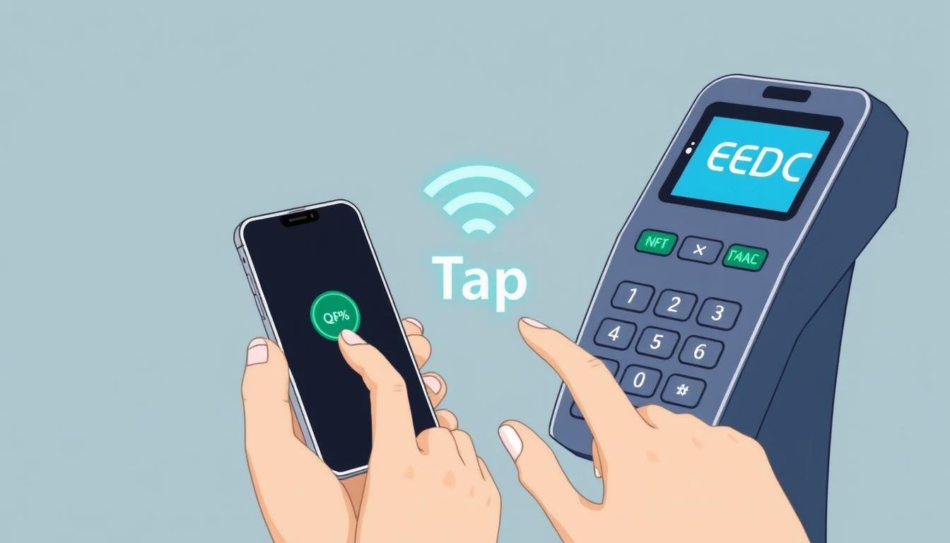 Ilustrasi cara kerja QRIS Tap dengan smartphone yang ditempelkan ke mesin EDC