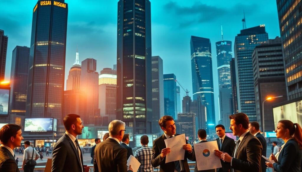 A bustling financial district with towering skyscrapers and a bustling cityscape in the background. In the foreground, a group of business professionals in suits and ties, engaged in animated discussions, surrounded by charts, graphs, and financial documents. The lighting is warm and inviting, casting a glow over the scene, conveying a sense of productivity and prosperity. The angle is slightly elevated, providing a panoramic view of the dynamic economic landscape. Overall, the image evokes a sense of the field of economics, its complexity, and the importance of supporting businesses and financial decisions. A bustling financial district with towering skyscrapers and a bustling cityscape in the background. In the foreground, a group of business professionals in suits and ties, engaged in animated discussions, surrounded by charts, graphs, and financial documents. The lighting is warm and inviting, casting a glow over the scene, conveying a sense of productivity and prosperity. The angle is slightly elevated, providing a panoramic view of the dynamic economic landscape. Overall, the image evokes a sense of the field of economics, its complexity, and the importance of supporting businesses and financial decisions.