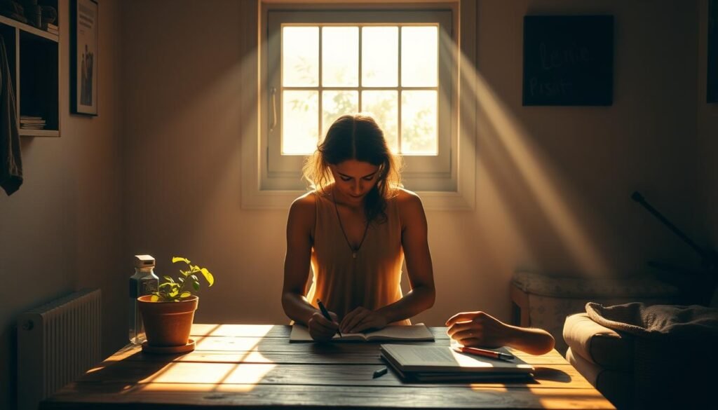 A serene and contemplative scene of a person in a quiet, sunlit room, deeply engaged in daily tasks and activities. The soft, warm lighting casts a gentle glow, highlighting the intricate details of the surroundings - a wooden table, a potted plant, and a few personal items. The individual's posture and focused expression convey a sense of purpose and mindfulness, suggesting the integration of spiritual beliefs and practices into the routines of everyday life. The overall atmosphere evokes a sense of harmony, where the act of creation and the divine are seamlessly woven into the tapestry of daily existence. A serene and contemplative scene of a person in a quiet, sunlit room, deeply engaged in daily tasks and activities. The soft, warm lighting casts a gentle glow, highlighting the intricate details of the surroundings - a wooden table, a potted plant, and a few personal items. The individual's posture and focused expression convey a sense of purpose and mindfulness, suggesting the integration of spiritual beliefs and practices into the routines of everyday life. The overall atmosphere evokes a sense of harmony, where the act of creation and the divine are seamlessly woven into the tapestry of daily existence.