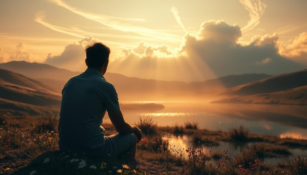 A thoughtful self-reflection on the divine creation of humanity. In the foreground, a serene figure sits in contemplation, their face obscured to convey the introspective nature of the moment. Surrounding them, a dreamlike landscape unfolds - rolling hills, scattered wildflowers, and a tranquil lake that acts as a mirror, reflecting the figure's silhouette. Warm, diffused lighting bathes the scene, creating a sense of reverence and wonder. In the background, wispy clouds part to reveal a celestial expanse, hinting at the higher purpose and divine origins of mankind. The overall mood is one of quiet contemplation, inviting the viewer to pause and ponder their own place in the grand tapestry of creation. A thoughtful self-reflection on the divine creation of humanity. In the foreground, a serene figure sits in contemplation, their face obscured to convey the introspective nature of the moment. Surrounding them, a dreamlike landscape unfolds - rolling hills, scattered wildflowers, and a tranquil lake that acts as a mirror, reflecting the figure's silhouette. Warm, diffused lighting bathes the scene, creating a sense of reverence and wonder. In the background, wispy clouds part to reveal a celestial expanse, hinting at the higher purpose and divine origins of mankind. The overall mood is one of quiet contemplation, inviting the viewer to pause and ponder their own place in the grand tapestry of creation.