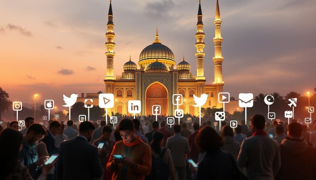 A vibrant digital landscape showcasing the power of social media for Islamic da'wah. In the foreground, a diverse group of people engaged in lively discussions, sharing knowledge and inspiration on their mobile devices. The middle ground features various social media platforms represented as stylized icons, each emanating a warm, inviting glow. In the background, a magnificent mosque stands tall, its ornate architecture and intricate details reflecting the rich cultural heritage of the faith. Soft, diffused lighting casts a serene, contemplative atmosphere, underscoring the spiritual and educational aspects of da'wah through digital means. The overall composition conveys a sense of connectivity, community, and the seamless integration of technology and faith-based outreach. A vibrant digital landscape showcasing the power of social media for Islamic da'wah. In the foreground, a diverse group of people engaged in lively discussions, sharing knowledge and inspiration on their mobile devices. The middle ground features various social media platforms represented as stylized icons, each emanating a warm, inviting glow. In the background, a magnificent mosque stands tall, its ornate architecture and intricate details reflecting the rich cultural heritage of the faith. Soft, diffused lighting casts a serene, contemplative atmosphere, underscoring the spiritual and educational aspects of da'wah through digital means. The overall composition conveys a sense of connectivity, community, and the seamless integration of technology and faith-based outreach.
