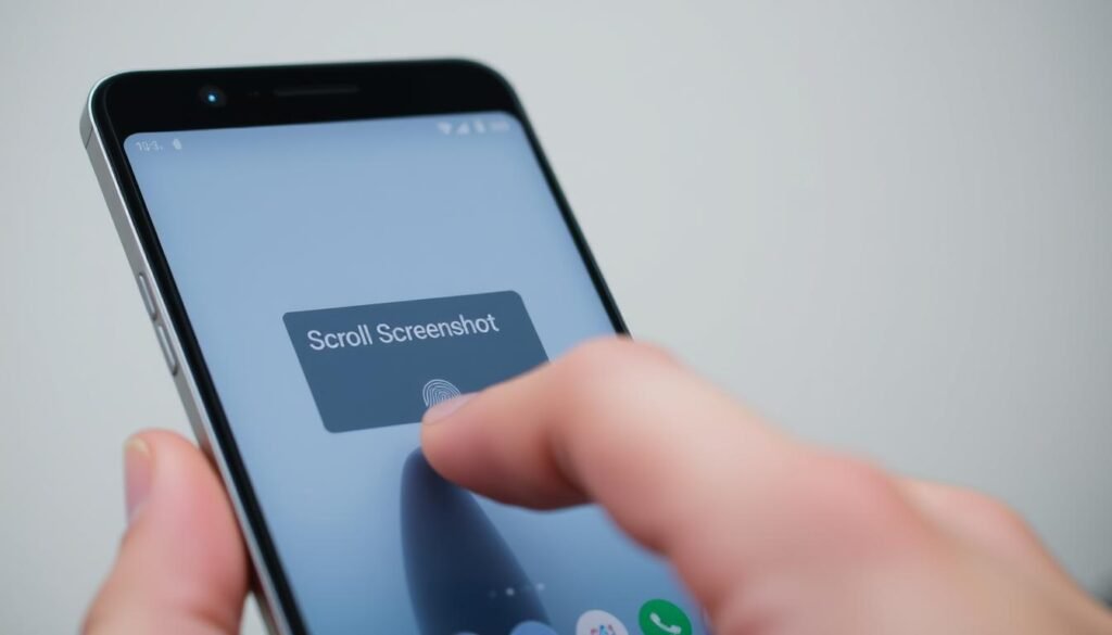 A close-up view of a hand gently pressing the fingerprint sensor on an Android smartphone screen, with the device's display showing a scrolling screenshot animation in the foreground. The image should convey a sense of effortless, intuitive interaction, capturing the natural flow of the "Scroll Screenshot" feature. The lighting should be soft and diffused, highlighting the smartphone's sleek design and the user's hand gesture. The background should be blurred and minimalist, allowing the focus to remain on the core action taking place on the device's display.