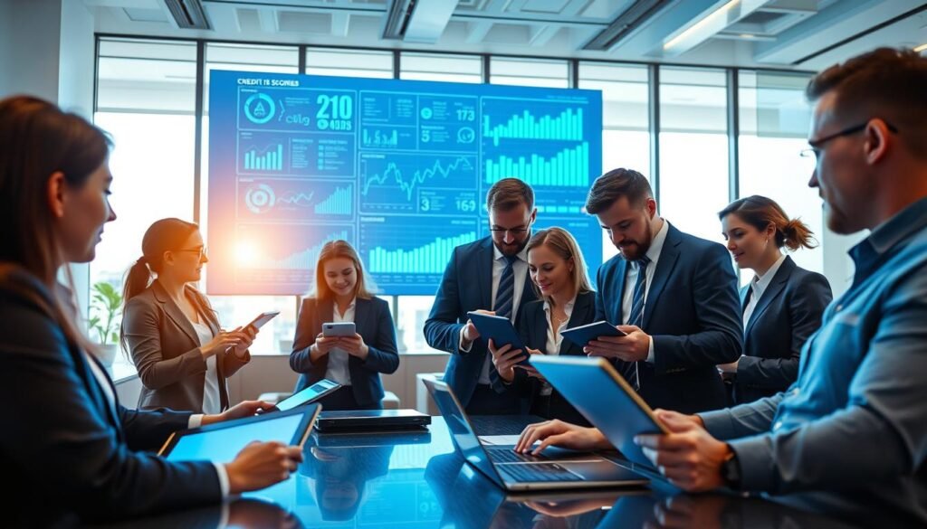 A dynamic office setting depicting the implementation of an AI-driven credit scoring system in a financial institution. In the foreground, a diverse team of professionals in business attire – a mixture of men and women – engaged in a collaborative discussion over digital tablets and laptops. In the middle ground, a large digital screen displays complex data visualizations and graphs representing credit scores and analytics, bathed in soft blue and green lighting to convey a high-tech atmosphere. The background features modern office furnishings with large windows that allow natural light to stream in, creating an energetic and forward-looking mood. The image captures a sense of teamwork and innovation in the banking sector, emphasizing the transformative impact of digital technology.