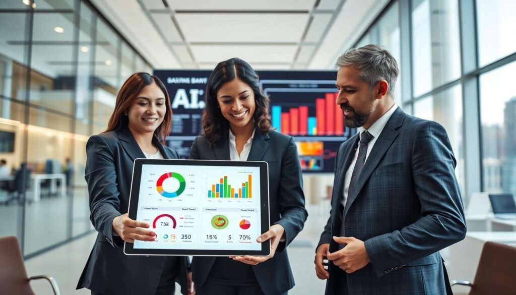 A modern office environment showcasing the advantages of AI-based credit scoring over traditional methods. In the foreground, a diverse group of three professionals in business attire are engaged in a discussion around a sleek digital tablet displaying colorful graphs and analytics, symbolizing AI-driven insights. The middle ground features a large screen displaying a split comparison of credit scoring methodologies—AI on one side with vibrant data visuals, and conventional methods on the other with static charts. The background reveals a modern bank interior, with large windows allowing natural light to flood the space, creating a bright and optimistic atmosphere. The overall mood conveys innovation and professionalism, highlighting the transformation in the banking sector through modern technology.