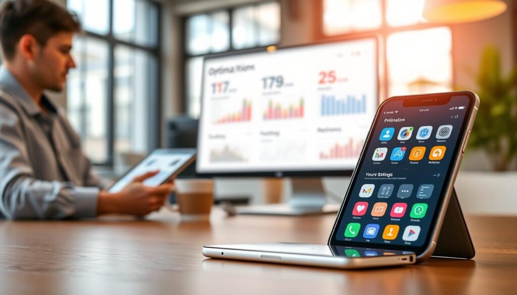 A modern workspace showcasing an iOS application optimization concept. In the foreground, a sleek Apple device with an iOS interface displaying colorful app icons and optimization settings. On the left, a focused professional dressed in smart casual attire, analyzing data on a tablet, with a cup of coffee nearby. The middle features a bright, stylish desk with a computer monitor displaying performance analytics and app reviews. The background shows a well-lit office environment, with large windows allowing natural light to flood in, creating an uplifting atmosphere. Soft bokeh effects emphasize the devices and analytics, while a gentle focal blur adds depth, illustrating the idea of enhancing app performance and user experience seamlessly.