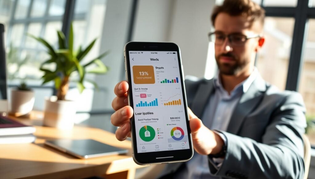 A sleek, modern iOS financial management application interface displayed on a digital device, such as an iPhone. The foreground features the app, showing colorful graphs, pie charts, and budgeting tools, vibrant yet clear. In the background, a stylish workspace with a wooden desk and a potted plant creates an inviting atmosphere. Soft, natural lighting filters in from a large window, casting gentle shadows that enhance the depth and focus on the app. A professional-looking individual in smart casual attire, attentively using the device, adds a human touch to the scene. The mood is productive and organized, reflecting the essence of personal finance management.