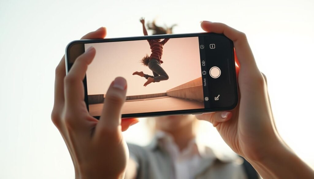A young person holding a modern smartphone, recording a slow-motion video of their friend gracefully jumping and twisting in mid-air. The scene is bathed in soft, diffused natural light, creating a cinematic, dreamlike atmosphere. The camera is tilted slightly upward, capturing the subject from a low perspective to emphasize the dynamic movement. The background is blurred, keeping the focus on the subject's fluid, mesmerizing motion. A young person holding a modern smartphone, recording a slow-motion video of their friend gracefully jumping and twisting in mid-air. The scene is bathed in soft, diffused natural light, creating a cinematic, dreamlike atmosphere. The camera is tilted slightly upward, capturing the subject from a low perspective to emphasize the dynamic movement. The background is blurred, keeping the focus on the subject's fluid, mesmerizing motion.