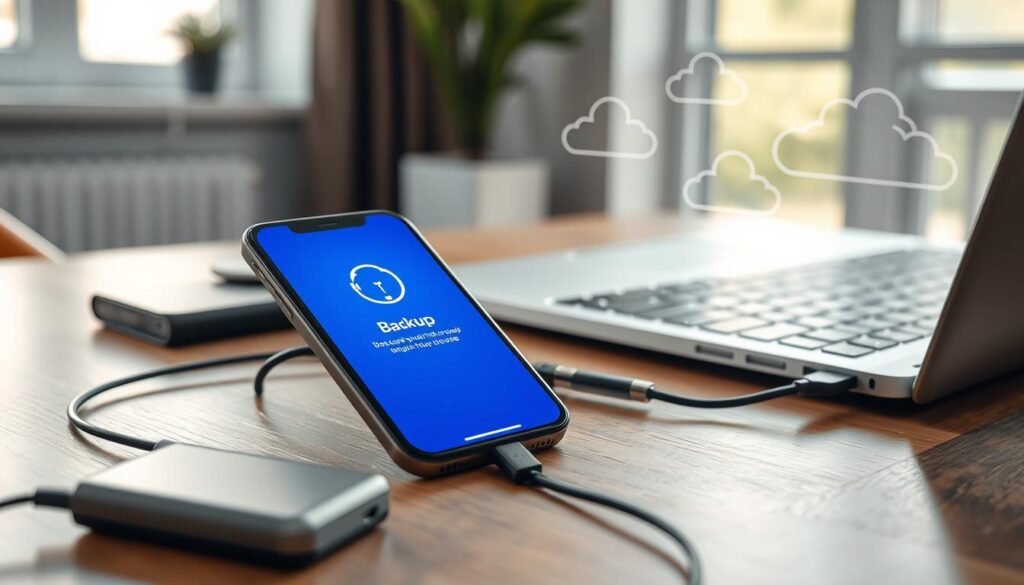 A close-up of a modern iPhone connected to a sleek, stylish laptop in a well-lit, organized workspace. The iPhone displays a vibrant screen showing a backup notification, symbolizing the action of backing up data. Surrounding the devices are tools like external hard drives and cloud icons subtly illustrated in the backdrop, representing local and alternative cloud storage options. Soft, diffused natural light from a nearby window casts a warm glow across the table, highlighting the gadgets' surfaces and creating a welcoming atmosphere. The overall mood is professional and modern, emphasizing security and tech-savviness in digital backup solutions.