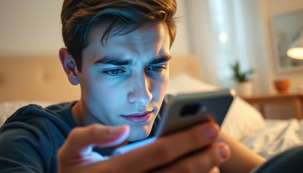 A close-up view of a young adult sitting on a comfortable bed in a softly lit bedroom, early morning light streaming through a window. The person is looking at their smartphone with a slightly squinting expression, indicating discomfort. The foreground features their eyes prominently, displaying fatigue and strain. In the middle, the phone's bright screen glows, illuminating their face with blue light, contrasting against the calm, warm tones of the room. The background includes soft, blurred elements like a nightstand with a bedside lamp and a potted plant, creating a serene atmosphere. The overall mood conveys a sense of concern about eye strain and the impact of screens on health.