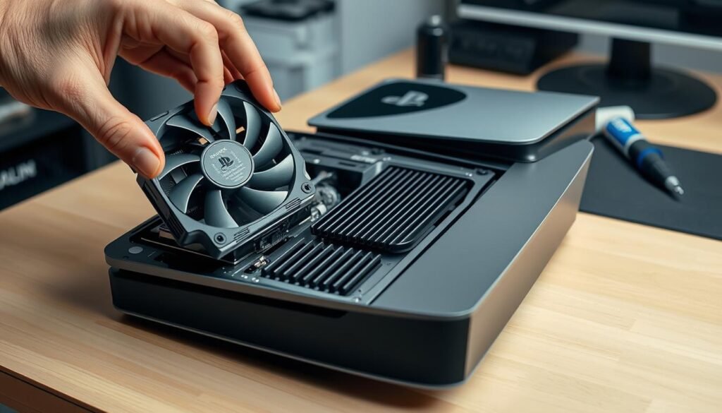 A detailed step-by-step view of a PS5 Pro cooling system being accessed for maintenance. In the foreground, show a close-up of a technician's hands carefully removing the fan from the console, focusing on the intricate details of the fan assembly and the liquid metal thermal paste nearby. The middle ground features the console body with its sleek design and the grille being taken off, revealing the cooling components. The background should depict a well-lit, organized workbench, complete with tools like a screwdriver, a thermal paste applicator, and a static-free mat. Use soft, even lighting to create a professional atmosphere, emphasizing the precision of the task. The scene should feel focused and technical, perfect for illustrating a maintenance process.