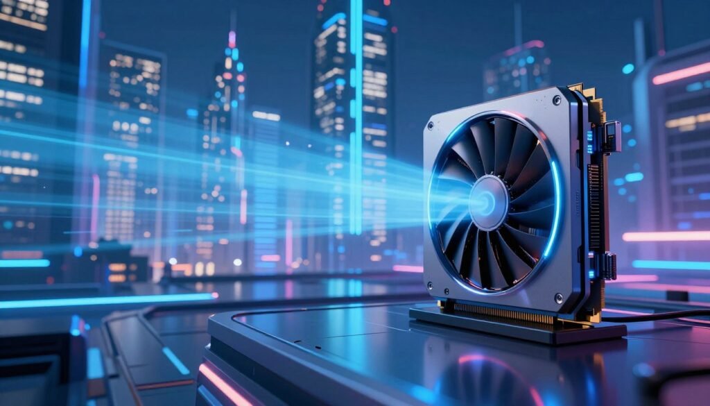 A futuristic digital landscape showcasing the intricacies of ray tracing and GPU upscaling technology. In the foreground, a sleek, high-tech GPU with glowing accents is displayed, emphasizing its advanced features. The middle ground features an artistically rendered scene with detailed reflections and realistic lighting patterns, illustrating ray tracing effects on a modern gaming environment. The background includes a visually stunning skyline filled with illuminated buildings, hinting at a thriving digital world. Utilize cool blue and neon colors to create a high-energy atmosphere, with dynamic lighting that highlights the surfaces and textures. The perspective should be slightly low, giving an empowering view of the technology in action, evoking a sense of innovation and sophistication. The mood is cutting-edge and aspirational, appealing to tech enthusiasts. No text or additional elements are included.