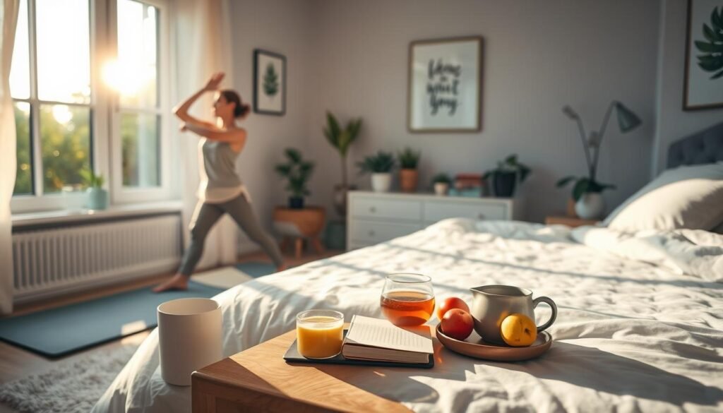A serene morning scene depicting a peaceful bedroom bathed in soft, natural light. In the foreground, a person, dressed in modest casual clothing, is stretching on a yoga mat beside a neatly made bed. On a bedside table, there are items that symbolize a healthy morning routine: a steaming cup of herbal tea, a journal, and fresh fruits. The middle ground features a window showing a gentle sunrise illuminating lush greenery outside. In the background, the room is adorned with calming decorations, such as plants and motivational artwork on the walls. The atmosphere is tranquil and inviting, conveying a sense of mindfulness and well-being, suggesting an ideal start to the day without the distraction of a smartphone.