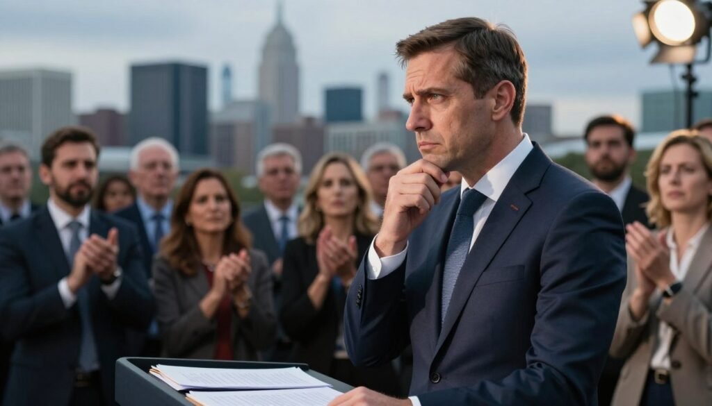 A thoughtful and professional politician stands at a podium, dressed in sharp business attire, deep in contemplation. The foreground features the politician with a furrowed brow and focused eyes, surrounded by papers and documents symbolizing political strategy. In the middle ground, a blurred crowd of diverse supporters can be seen, clapping and demonstrating mixed emotions, reflecting the complexities of party dynamics. The background showcases a city skyline, representing the political landscape, under a slightly overcast sky to create a serious and reflective mood. Soft lighting from a nearby spotlight highlights the politician's face while casting gentle shadows, emphasizing the weight of political decisions. The image conveys a sense of introspection and the burden of changing political allegiances.