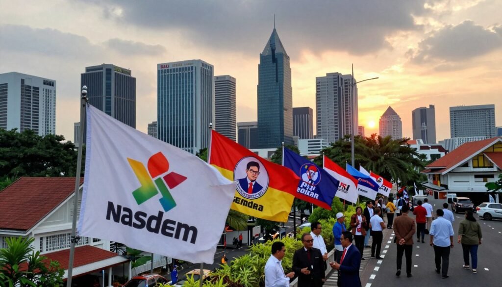 A vibrant cityscape of DKI Jakarta, showcasing a dynamic skyline filled with modern skyscrapers and traditional Indonesian architecture blended harmoniously. In the foreground, prominent political party logos represented as colorful symbols, artists’ interpretations of the Nasdem, Gerindra, PAN, PSI, Golkar, and PDI-P party banners fluttering in the breeze. The middle ground features a busy street scene with diverse, professionally dressed people engaging in discussions, reflecting political activity and public engagement. The background captures a sunset casting a warm glow, with a hint of heavy clouds adding dramatic contrast. The mood is energetic and hopeful, representing a pivotal moment in the political landscape of Indonesia. The image should be shot from a slightly elevated angle to capture the sprawling city and its vibrant atmosphere.