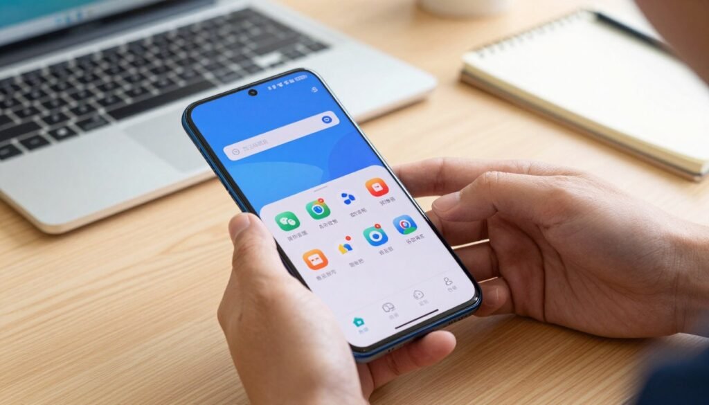 A detailed illustration of the process of installing applications on a Huawei device without Google Mobile Services (GMS). In the foreground, a focused view of a modern Huawei smartphone is displayed, showing a clear, vibrant screen with application icons. In the middle ground, a pair of hands in professional attire carefully navigate the smartphone interface, demonstrating app installation steps. The background features a neatly organized workspace with a laptop and notepad, creating a tech-savvy atmosphere. Warm, natural lighting illuminates the scene, enhancing a sense of productivity and focus. The angle is slightly tilted to provide depth, drawing the viewer's attention directly to the phone and the hands, creating an engaging and informative mood.