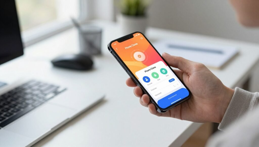 A modern smartphone in the foreground, displaying a vibrant interface showcasing the "Phone Clone" app in action. Nearby, another smartphone is being held by a person in smart casual attire, highlighting the data transfer process. The background features a soft-focused office environment with a sleek desk and tech gadgets, enhancing the theme of technology and productivity. The lighting is bright and natural, coming from a nearby window, creating an inviting atmosphere. The overall mood is one of efficiency and innovation, capturing the essence of easy data migration between devices. Emphasize clarity and detail in the phones' screens, showcasing animated indicators of data transfer occurring seamlessly. The angle is slightly above eye level, providing a dynamic perspective.